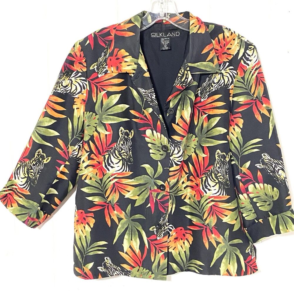 SILKLAND Lightweight 100% SILK Jacket 12 Lined ZEBRAS Safari FLORAL Button